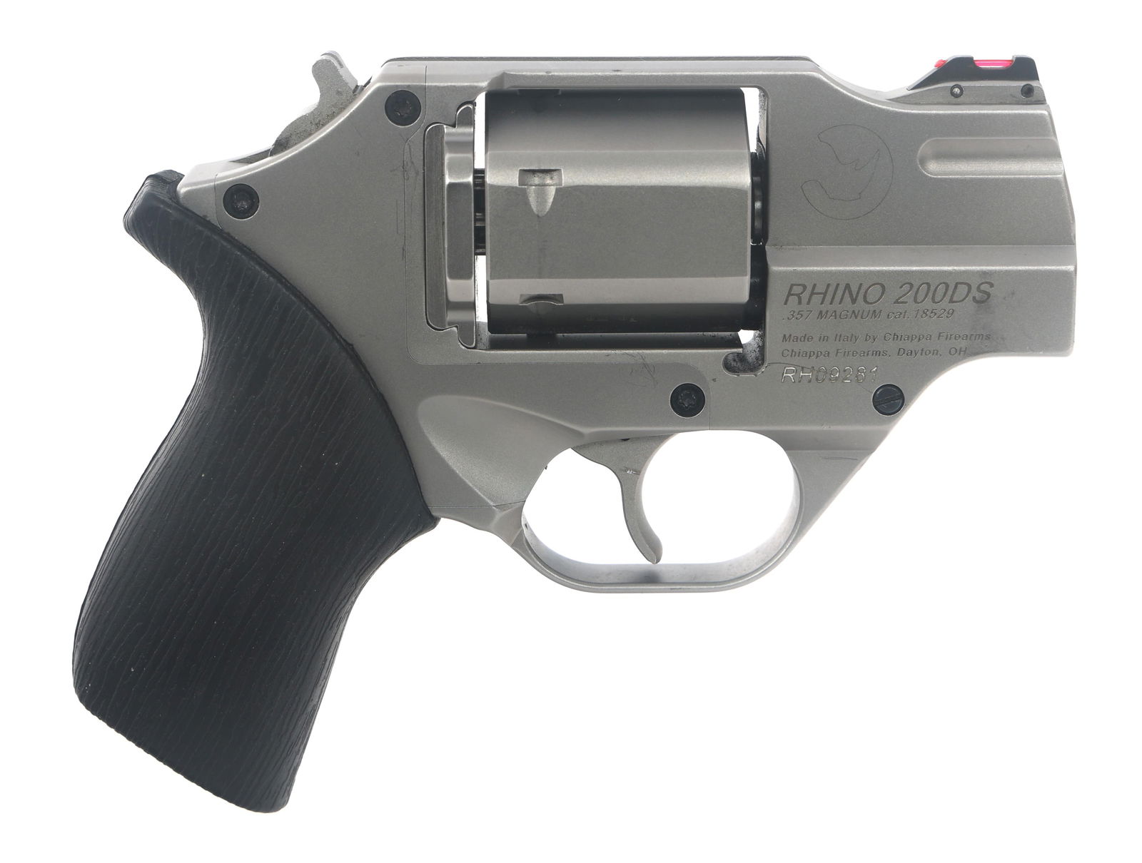 CHIAPPA MODEL RHINO 200DS .357 MAG CAL REVOLVER: CHIAPPA MODEL RHINO 200DS .357 MAG CAL REVOLVER Chiappa Model Rhino 200DS .357 Magnum caliber double action revolver. Matte stainless finish. Fiber optic front sight. Textured rubber grips. Six shot s