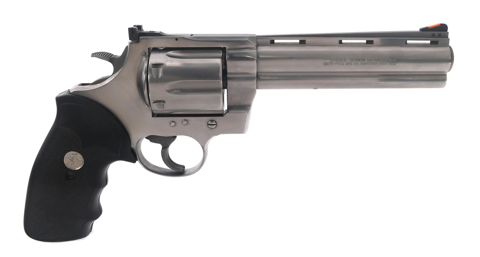 COLT MODEL ANACONDA .45 COLT CALIBER REVOLVER: COLT MODEL ANACONDA .45 COLT CALIBER REVOLVER 1993 Colt Model Anaconda .45 Colt caliber double action revolver. Stainless steel finish. Ramp front sight. Adjustable rear sight. Vented rib and full lug