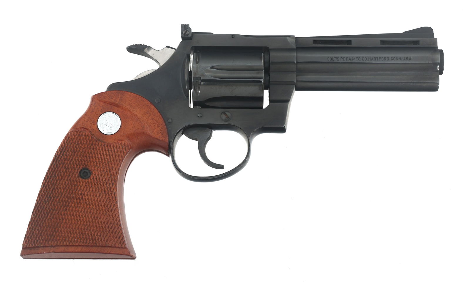 1972 COLT MODEL DIAMONDBACK .38 SPL CAL REVOLVER: 1972 COLT MODEL DIAMONDBACK .38 SPL CAL REVOLVER 1972 Colt Model Diamondback .38 Special caliber double action revolver. Blued finish. Checkered wood grips. Colt sleeve and foam insert. Caliber / Gaug