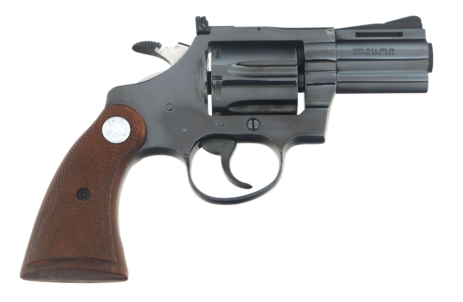 1975 COLT MODEL DIAMONDBACK .38 SPL CAL REVOLVER: 1975 COLT MODEL DIAMONDBACK .38 SPL CAL REVOLVER 1975 Colt Model Diamondback .38 Special caliber double action revolver. Blued finish. 2.50 inch barrel. Checkered wood Colt grips. Colt sleeve, foam bo