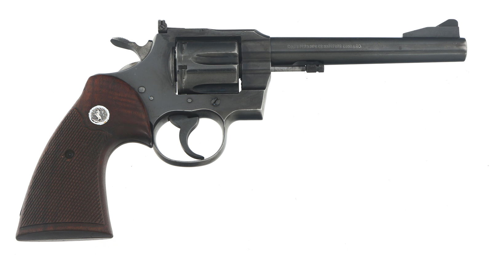 1961 COLT MODEL 357 .357 MAGNUM CALIBER REVOLVER: 1961 COLT MODEL 357 .357 MAGNUM CALIBER REVOLVER 1961 Colt Model 357 .357 Magnum caliber double action revolver. Blued finish. Colt medallion wood grips. Caliber / Gauge 357 Magnum Barrel Length: 6" S