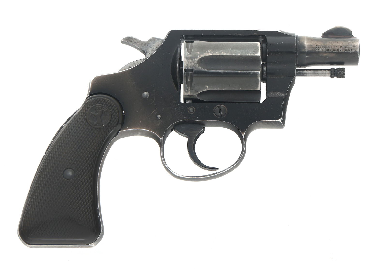 1952 COLT COBRA .38 SPL DOUBLE ACTION REVOLVER: 1952 COLT COBRA .38 SPL DOUBLE ACTION REVOLVER 1952 Colt Model Cobra .38 SPL caliber double action revolver. Blued finish. Fixed sights. Checkered composite Colt grips. Six shot fluted cylinder. Calib