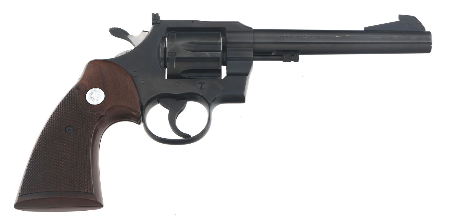1969 COLT OFFICER'S MODEL MATCH .38 SPL REVOLVER: 1969 COLT OFFICER'S MODEL MATCH .38 SPL REVOLVER 1969 Colt Officer's Model Match .38 Special caliber double action revolver. Blued finish. Checkered wood Colt medallion grips. Colt cardboard box with
