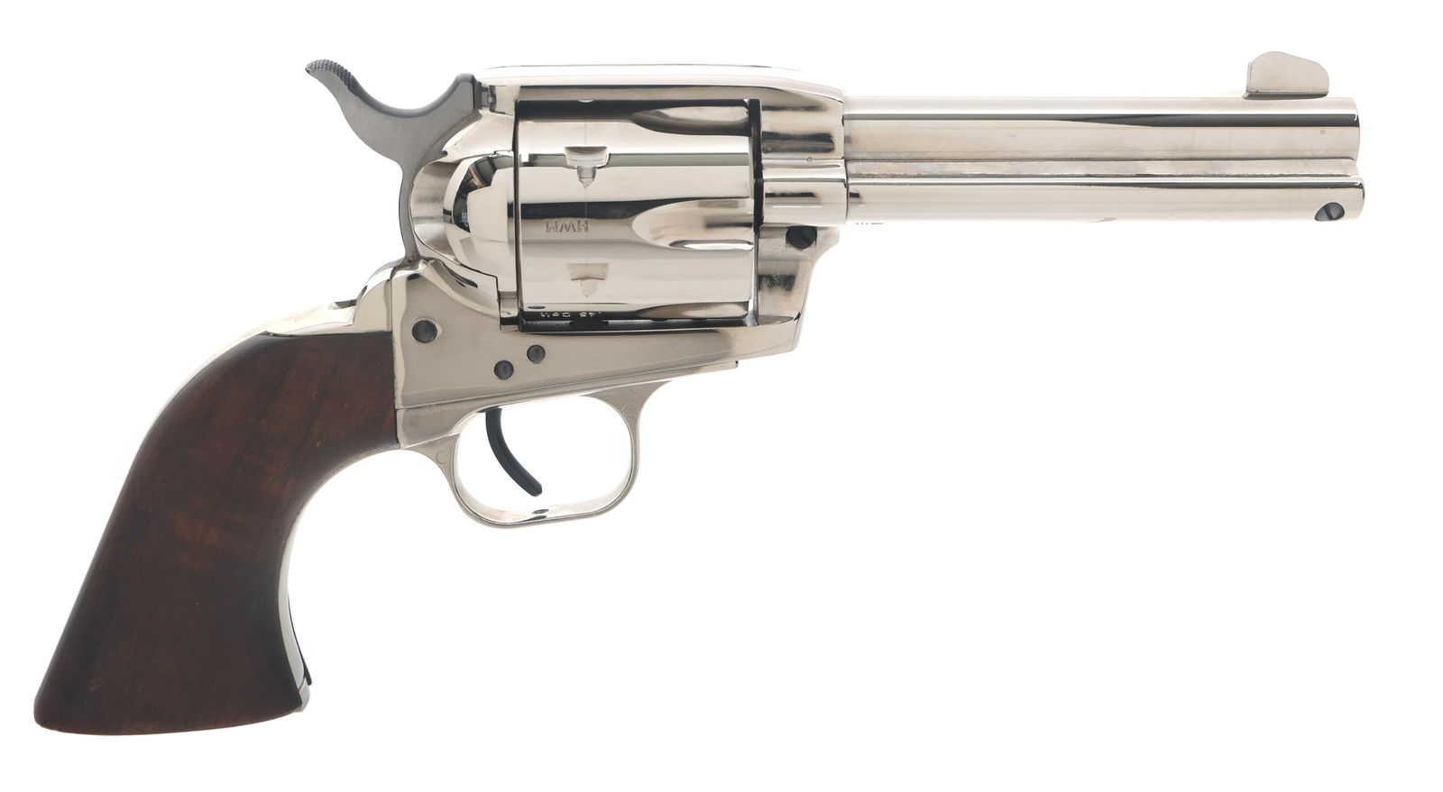 EAA HWM MODEL BOUNTY HUNTER .45 CAL REVOLVER: EAA HWM MODEL BOUNTY HUNTER .45 CAL REVOLVER EAA HWM Model Bounty Hunter .45 Colt caliber single action revolver. Import stamped EAA. Nickel plated. Fixed sights. Wood grips. Six shot fluted cylinder.