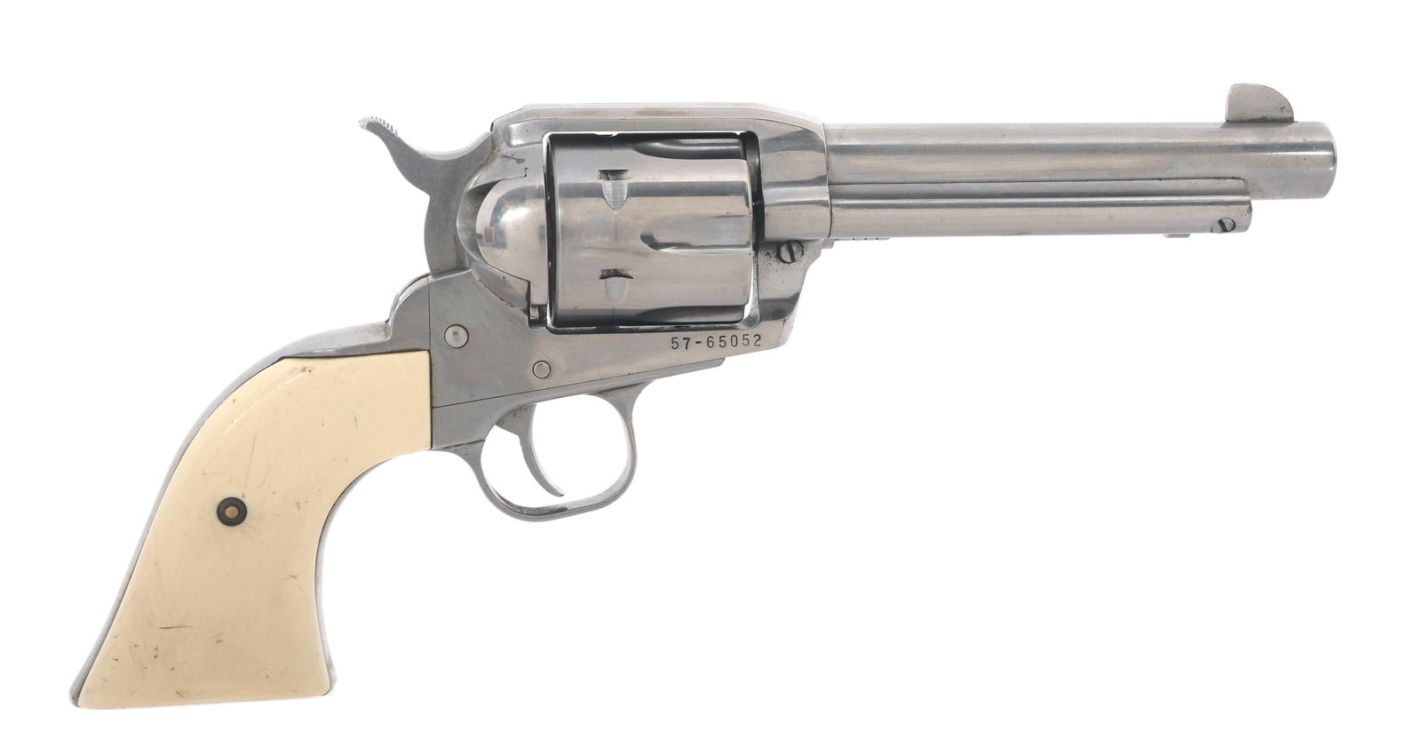 RUGER MODEL VAQUERO .45 CALIBER SA REVOLVER: RUGER MODEL VAQUERO .45 CALIBER SA REVOLVER 2000 Ruger Model Vaquero .45 Colt caliber single action revolver. Stainless steel finish. Fixed sights. Composite grips. Six shot fluted cylinder. Caliber /