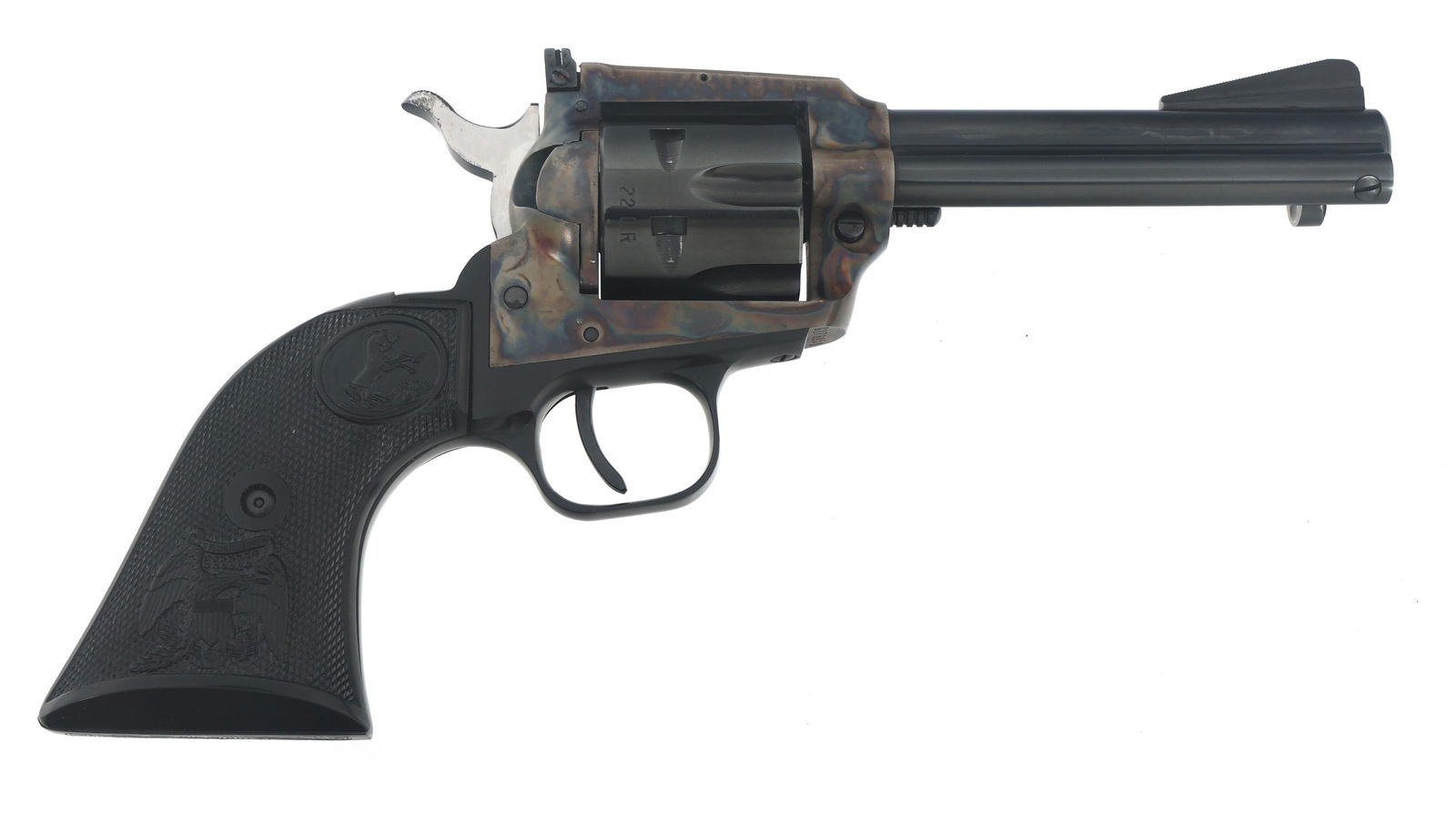 1976 COLT NEW FRONTIER .22 CALIBER REVOLVER: 1976 COLT NEW FRONTIER .22 CALIBER REVOLVER 1976 Colt Model New Frontier .22 caliber convertible single action revolver. .22 LR and .22 Mag cylinders. Checkered synthetic grips. Foam box insert with C