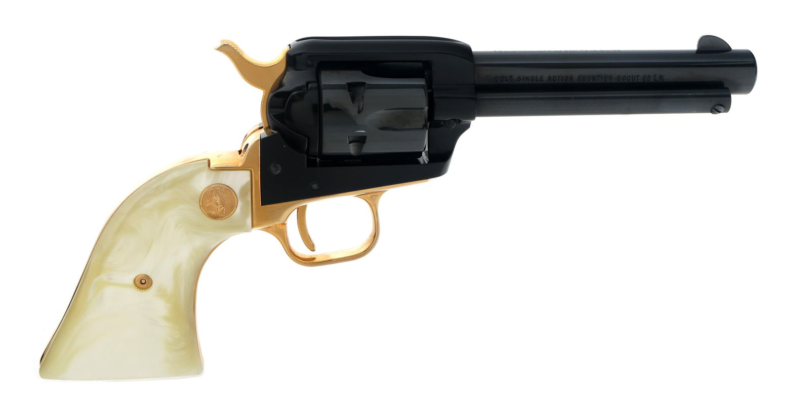 COLT GENERAL JOHN MORGAN INDIANA RAID REVOLVER: COLT GENERAL JOHN MORGAN INDIANA RAID REVOLVER Cased Colt General John Hunt Morgan Indiana Raid Commemorative Frontier Scout .22 LR caliber revolver. Black and gold toned finish with faux pearl grips.