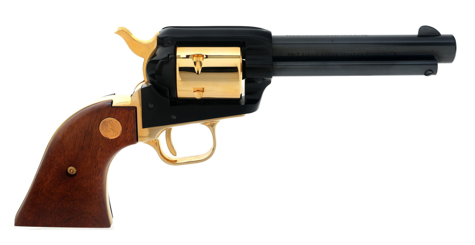 COLT NEW MEXICO ANNIVERSARY SA .22 LR CAL REVOLVER: COLT NEW MEXICO ANNIVERSARY SA .22 LR CAL REVOLVER Cased Colt New Mexico Anniversary Frontier Scout .22 LR caliber revolver. Black and gold toned finish. Left barrel stamped 1912 - New Mexico Golden A