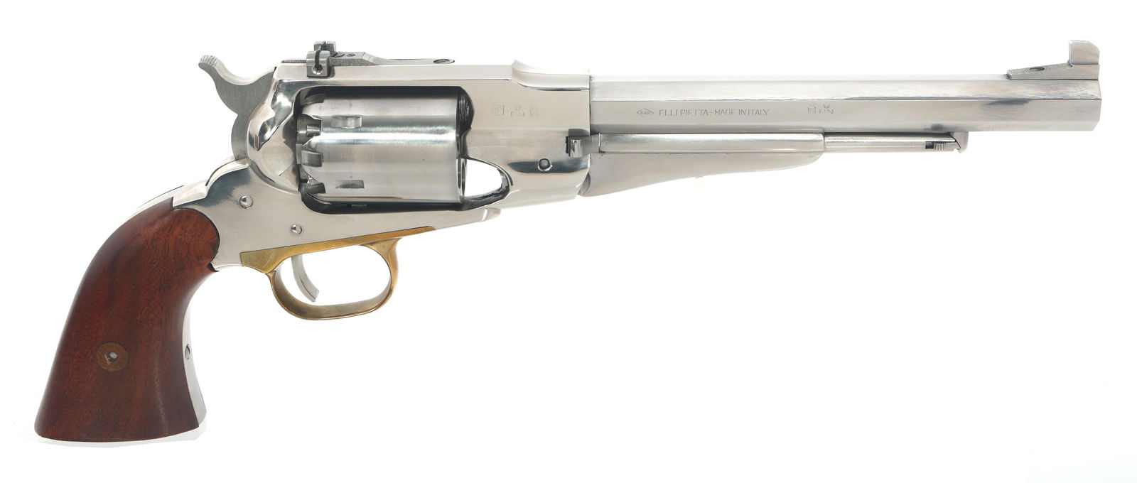 PIETTA MODEL 1858 NEW ARMY .44 CALIBER REVOLVER: PIETTA MODEL 1858 NEW ARMY .44 CALIBER REVOLVER Pietta Model 1858 New Army .44 caliber single action percussion revolver. Adjustable rear sight. Wood grips. Two six shot smooth cylinders. Leather