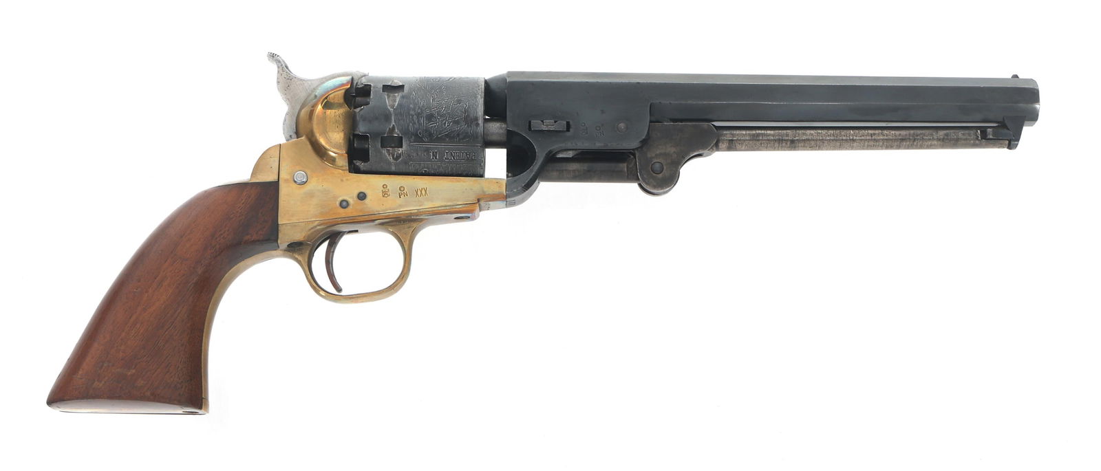 PIETTA MODEL 1851 NAVY 36 CAL PERCUSSION REVOLVER: PIETTA MODEL 1851 NAVY 36 CAL PERCUSSION REVOLVER Pietta Model 1851 Navy .36 caliber percussion revolver. No import stamp. Blued finish. Brass frame and trigger guard. Octagonal barrel. Wood grips.