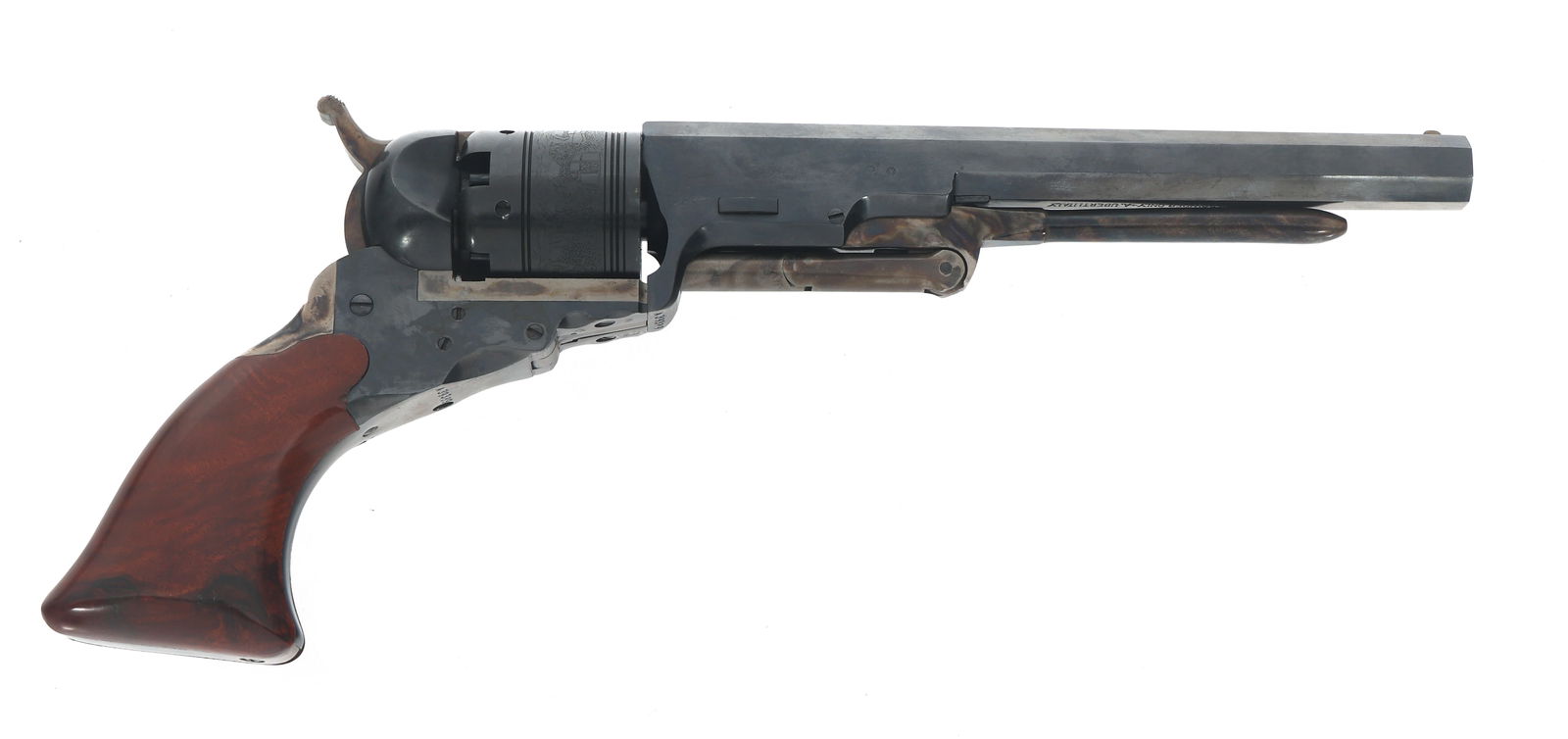 UBERTI MODEL PATERSON .36 CALIBER REVOLVER: UBERTI MODEL PATERSON .36 CALIBER REVOLVER Uberti Model Paterson .36 caliber single action percussion revolver. Folding trigger. Engraved cylinder. Octagonal barrel. Wood grips. Tool. Cardboard