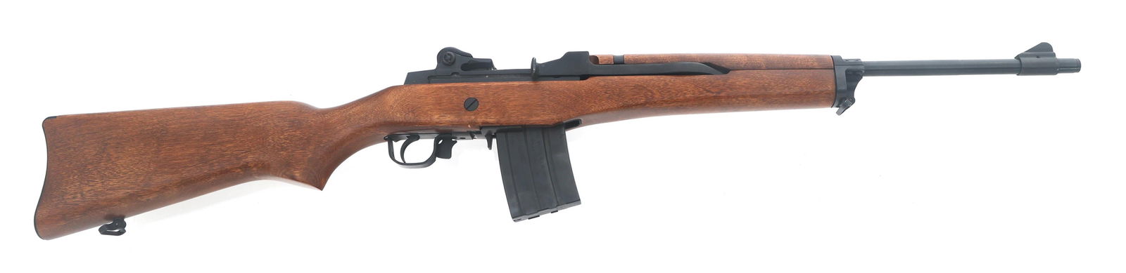 RUGER MINI-14 .223 CALIBER SEMI AUTO RIFLE: RUGER MINI-14 .223 CALIBER SEMI AUTO RIFLE Ruger Model Mini-14 .223 Rem caliber semi automatic rifle. Blued finish. Adjustable rear sight. Sling mounts. Wood stock. One magazine. Caliber / Gauge 223 B