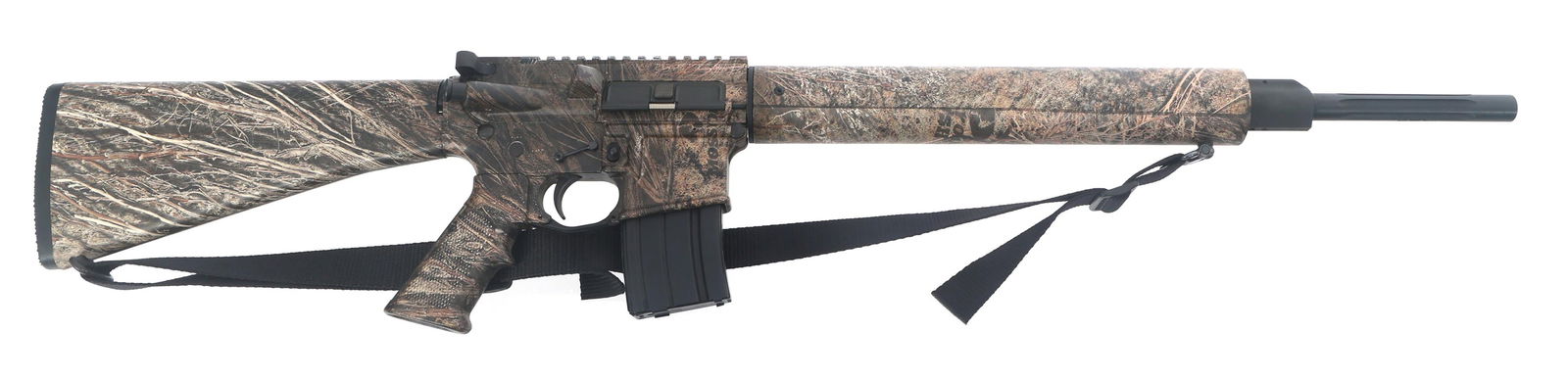 DPMS MODEL A-15 5.56mm CALIBER SEMI AUTO RIFLE: DPMS MODEL A-15 5.56mm CALIBER SEMI AUTO RIFLE DPMS Model A-15 5.56x45mm caliber semi automatic rifle. Mossy Oak camouflage. Flat top receiver. Fluted barrel. Composite stock with compartment in butt.