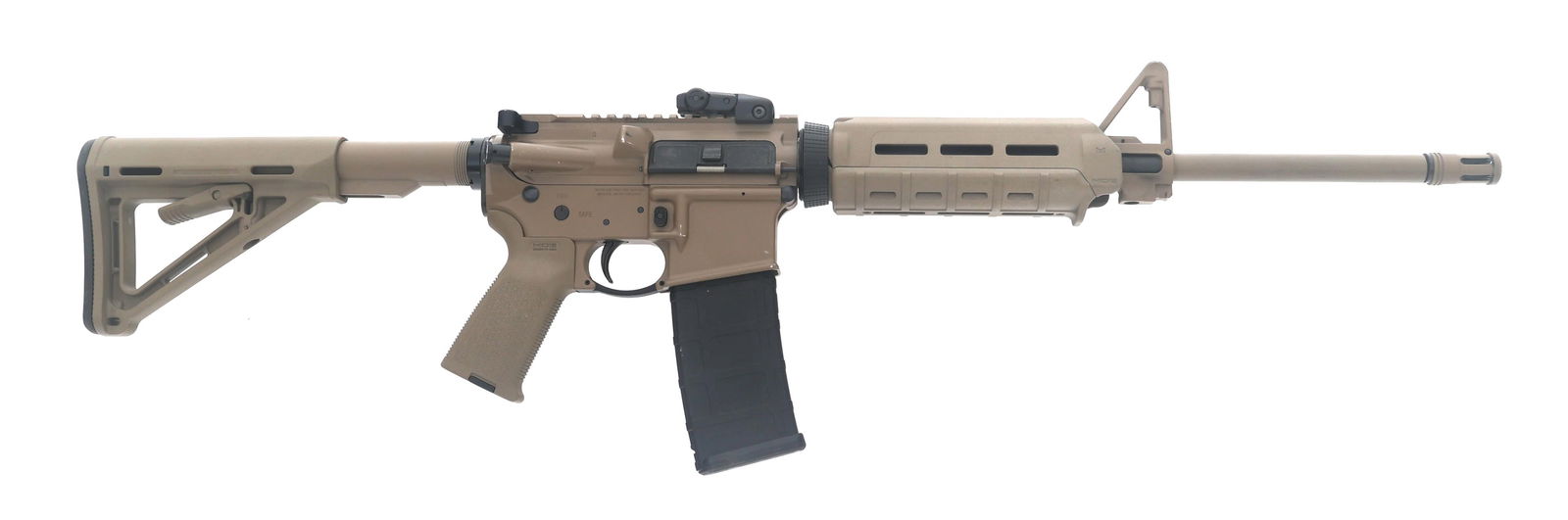 RUGER MODEL AR-556 5.56x45mm SEMI AUTO RIFLE: RUGER MODEL AR-556 5.56x45mm SEMI AUTO RIFLE Ruger Model AR-556 5.56x45mm caliber semi automatic rifle. A2 front sight with bayonet lug. Magpul flip up adjustable rear sight. Flat top receiver. Flash