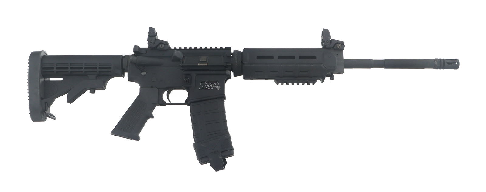 SMITH & WESSON MODEL M&P 15 5.56mm CALIBER RIFLE: SMITH & WESSON MODEL M&P 15 5.56mm CALIBER RIFLE Smith & Wesson Model M&P 15 5.56x45mm caliber semi automatic rifle. Matte black finish. Flat top receiver. Magpul pop up sights. Magpl MOE handguard. C