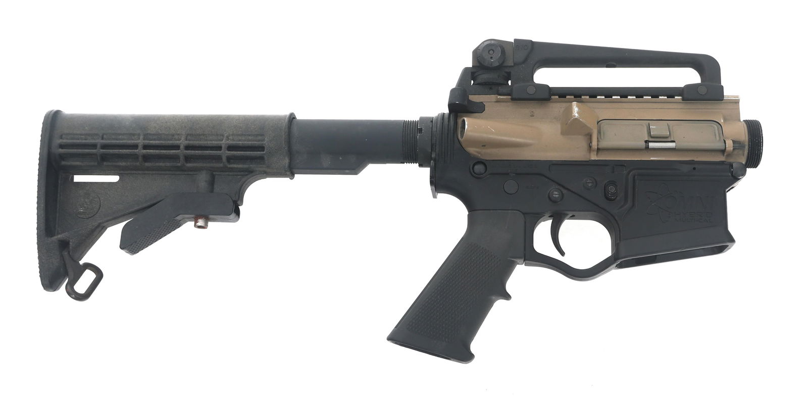 AMERICAN TACTICAL OMNI MULTI CAL LOWER RECEIVER: AMERICAN TACTICAL OMNI MULTI CAL LOWER RECEIVER American Tactical Model Omni multi caliber polymer lower receiver. Flat top upper receiver. Rail mounted carry handle with adjustable rear sight.