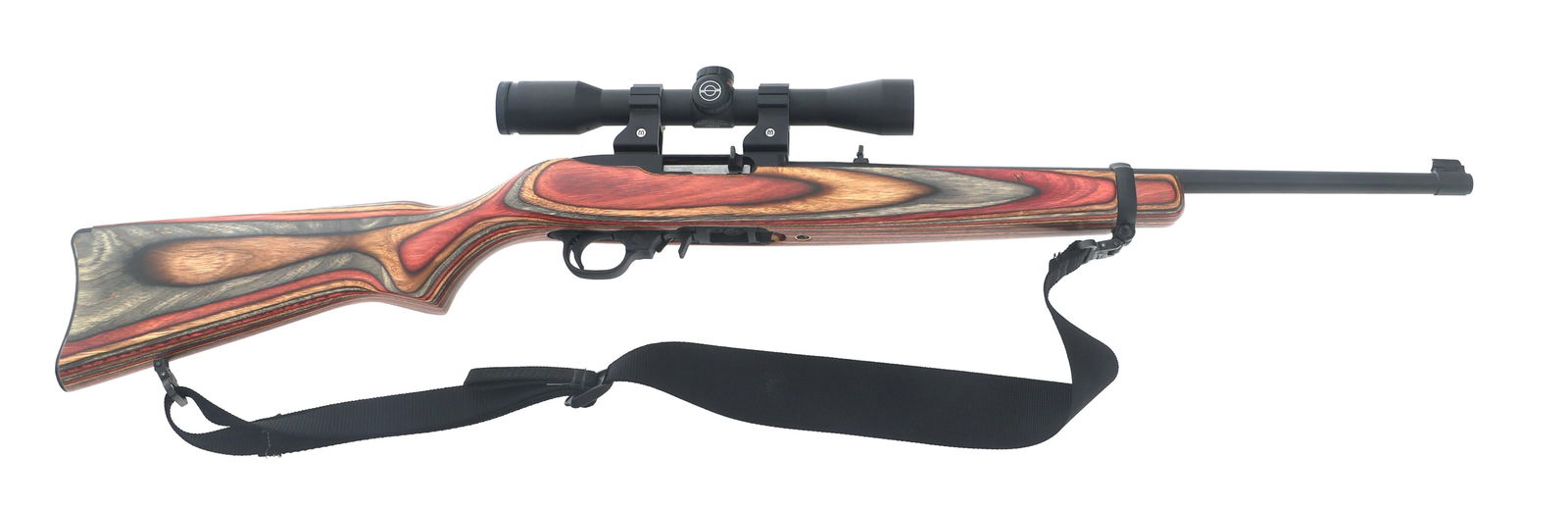 RUGER MODEL 10/22 .22 LR CALIBER CARBINE: RUGER MODEL 10/22 .22 LR CALIBER CARBINE Ruger Model 10/22 .22LR caliber semi automatic carbine. Matte black finish. Blade front sight. Flip up rear sight. Simmons 4x32 power scope with duplex reticle