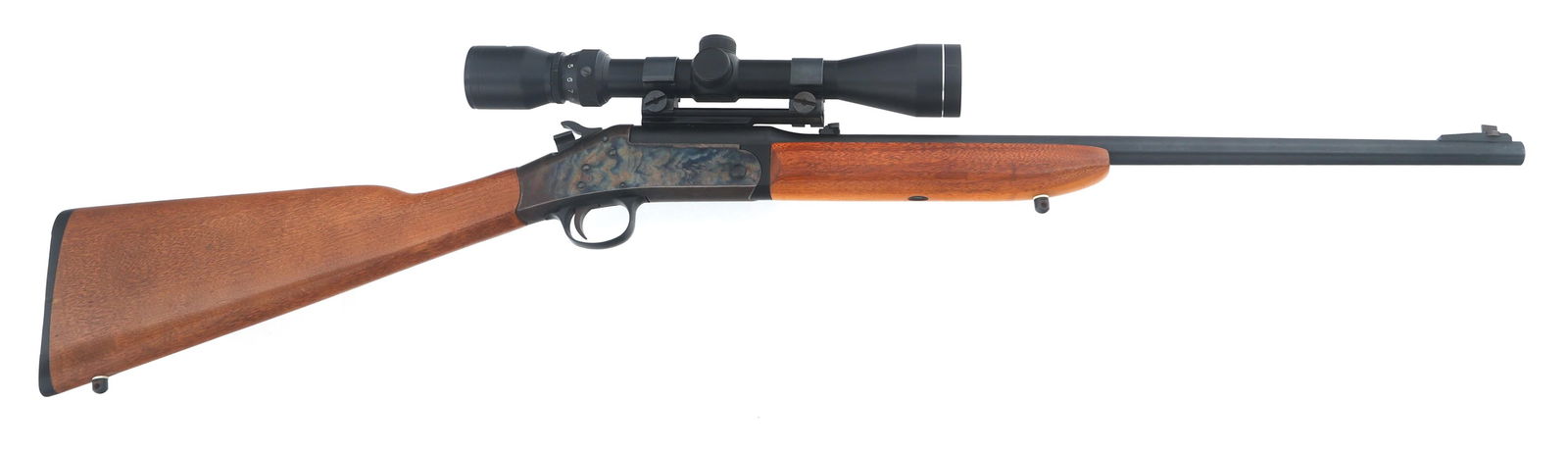 H&R TOPPER MODEL 158 .22 HORNET CALIBER RIFLE: H&R TOPPER MODEL 158 .22 HORNET CALIBER RIFLE Harrington & Richardson Model Topper 158 .22 Hornet caliber break over rifle. Blued finish. Case hardened receiver. Swivel studs. Wood stock with plastic