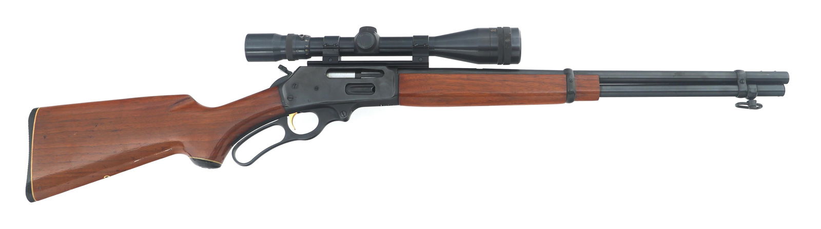 MARLIN MODEL 336 35 REM CALIBER LEVER ACTION RIFLE: MARLIN MODEL 336 35 REM CALIBER LEVER ACTION RIFLE Marlin Model 336 .35 REM caliber lever action rifle. Blued finish. Missing front and rear sights. Wood stock with plastic butt plate. Weaver 9-1 3-9x