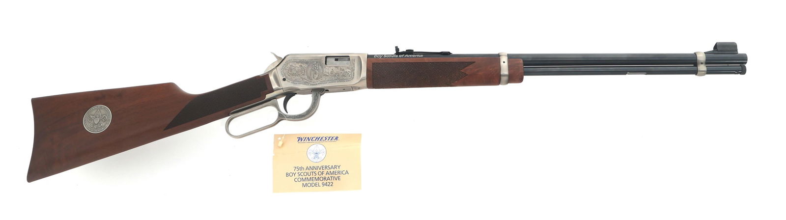 WINCHESTER 9422 BOY SCOUT COMMEMORATIVE RIFLE: WINCHESTER 9422 BOY SCOUT COMMEMORATIVE RIFLE Winchester Model 9422 Boy Scout .22 S-L-LR caliber lever action rifle. Barrel stamped Boy Scouts of America. Engraved receiver. Boy Scout commemorative co