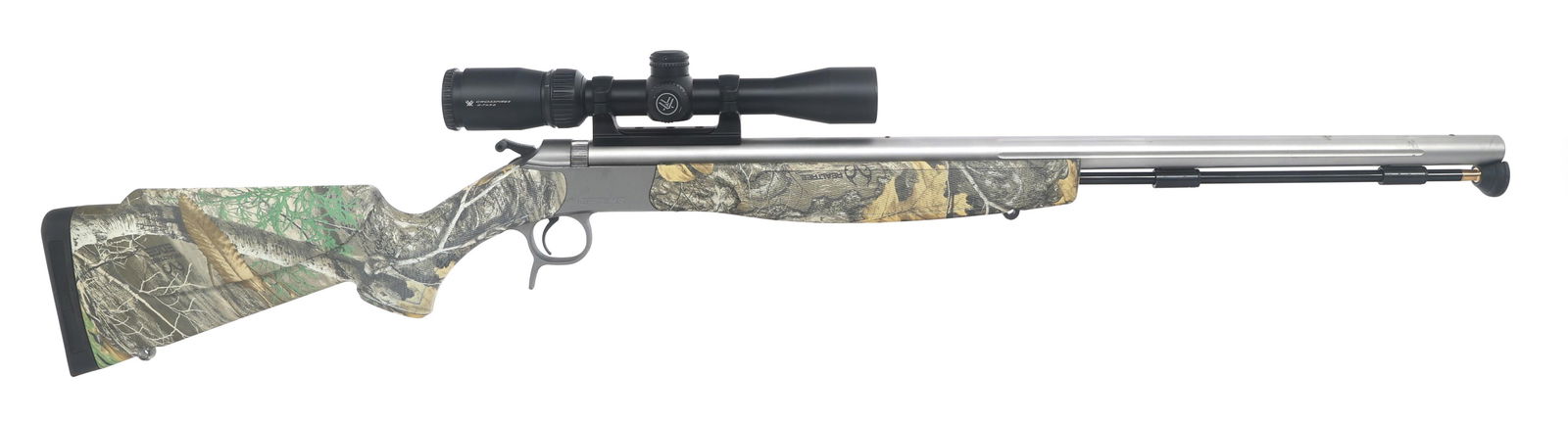 CVA OPTIMA MUZZLE LOADER & VORTEX CROSSFIRE SCOPE: CVA OPTIMA MUZZLE LOADER & VORTEX CROSSFIRE SCOPE CVA Model Optima .50 caliber muzzle loader. Stainless finish. Fluted barrel. Ram rod. Composite stock with cheek rest and rubber butt pad. Vortex