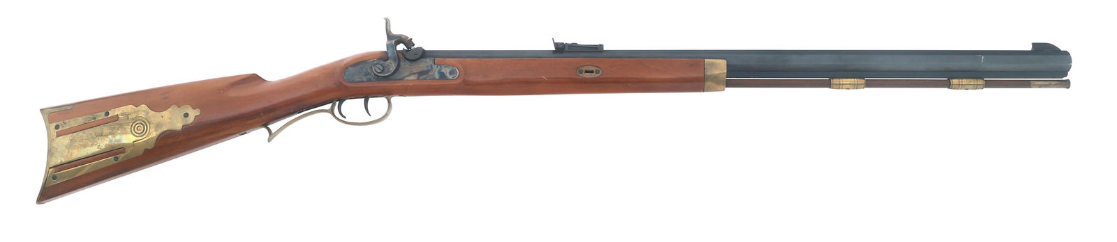 ARMSPORT 45 CALIBER PERCUSSION RIFLE: ARMSPORT 45 CALIBER PERCUSSION RIFLE Armsport .45 caliber percussion rifle. Blued finish. Brass trigger guard, patch box and butt plate. Adjustable rear sight. Octagonal barrel. Ram rod. Wood stock. C