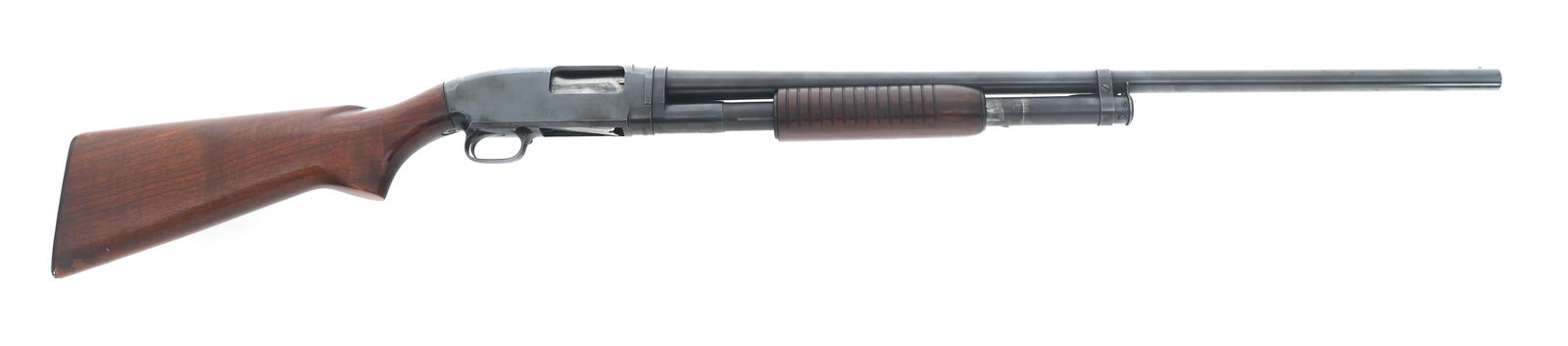1953 WINCHESTER MODEL 12 12 GAUGE SHOTGUN: 1953 WINCHESTER MODEL 12 12 GAUGE SHOTGUN 1953 Winchester Model 12 12 gauge pump action shotgun. 2.75" shells. Fixed Full choke. Blued finish. Bead front sight. Wood stock with plastic butt plate. Cal