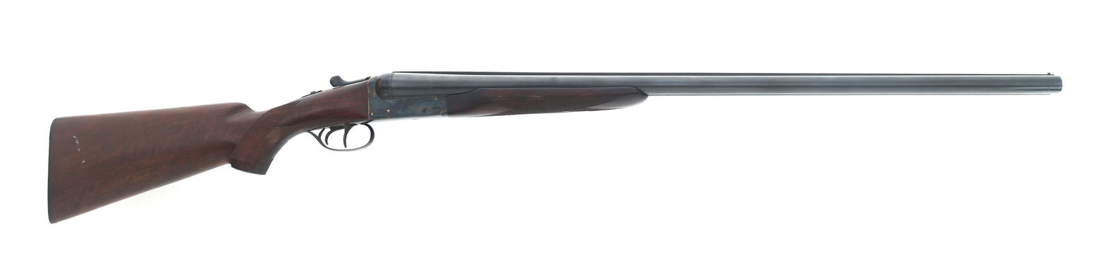 SPANISH 10 GAUGE SIDE BY SIDE SHOTGUN: SPANISH 10 GAUGE SIDE BY SIDE SHOTGUN Spanish 10 gauge side by side shotgun. Both barrels have fixed full choke. Blued finish. Case hardened receiver and trigger guard. Bead front sight. Checkered woo
