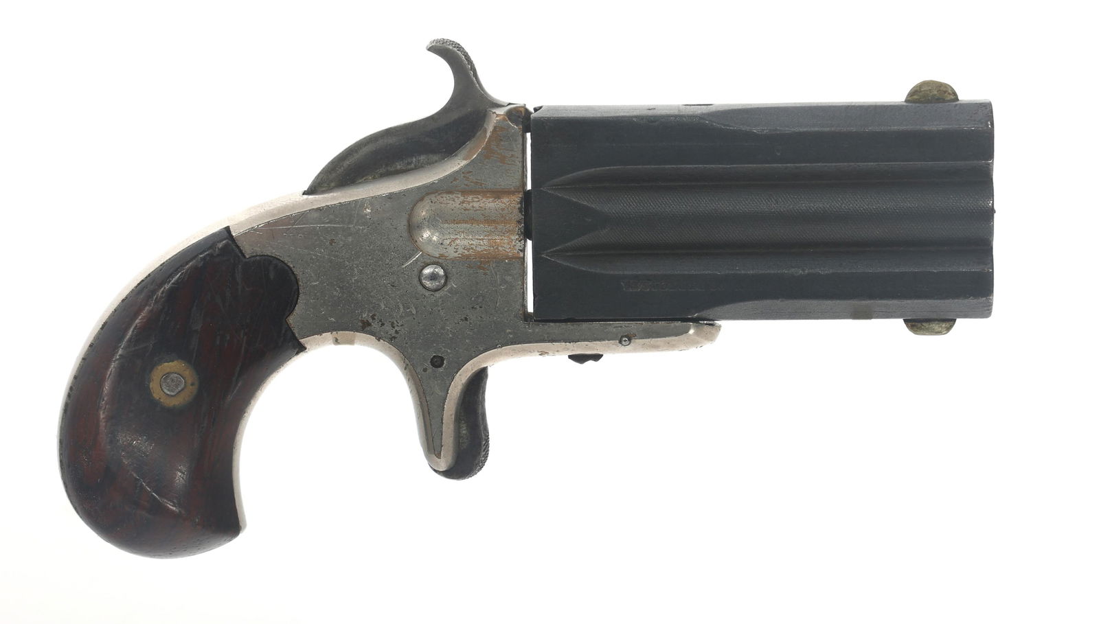 FRANK WESSON MED FRAME 32 CAL SUPERPOSED PISTOL: FRANK WESSON MED FRAME 32 CAL SUPERPOSED PISTOL Frank Wesson Medium framed .32 RF caliber superposed double barreled pistol. Nickel finish on frame. Fixed sights. Wood grips numbered to the pistol.