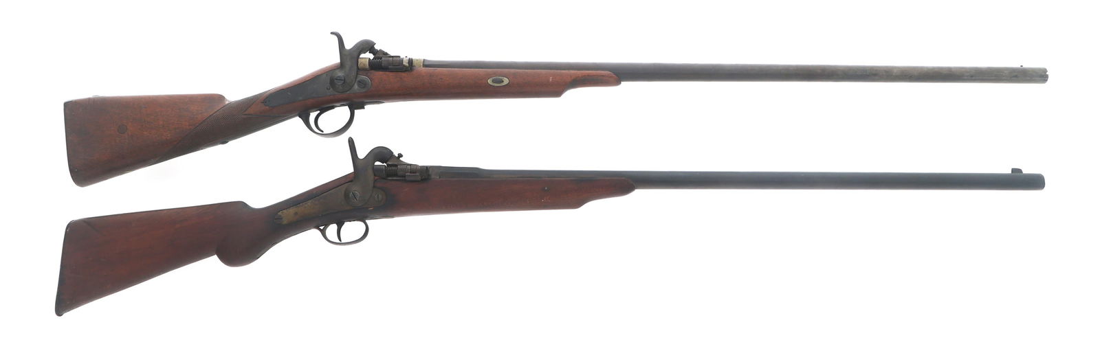 BELGIAN PROOFED SNIDER CONVERSION SHOTGUNS: BELGIAN PROOFED SNIDER CONVERSION SHOTGUNS Two Belgian proofed Snider conversion 12 gauge shotguns. A) Belgian proof on left barrel and top of breech lock. L813 stamped inside breech lock. 57F
