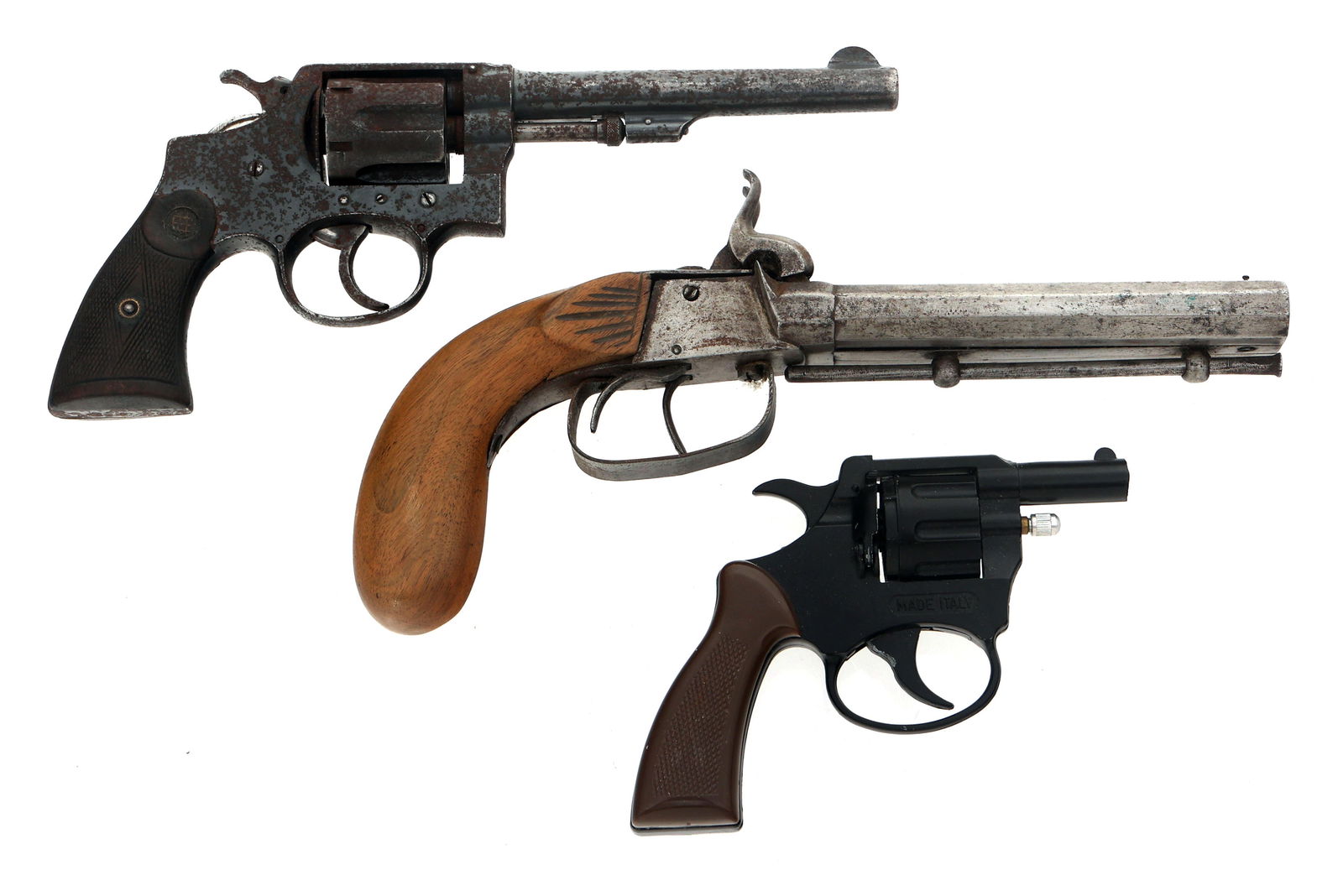 SPANISH REVOLVER, STARTING PISTOL, & KIT GUN: SPANISH REVOLVER, STARTING PISTOL, & KIT GUN Spanish made copy of .32 long caliber revolver. Vanguard starting pistol. .45 caliber percussion kit gun. Caliber / Gauge Multi Barrel Length: 5" Serial