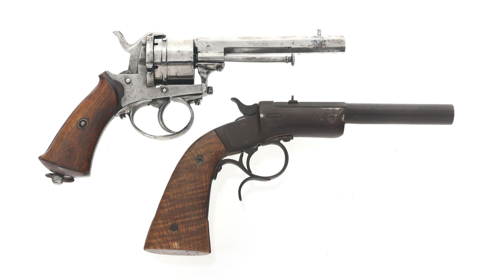 STEVENS TIP UP PISTOL & BELGIAN PINFIRE REVOLVER: STEVENS TIP UP PISTOL & BELGIAN PINFIRE REVOLVER Handguns for parts or repair. Steven's Conlin 2nd model .22 caliber tip up pistol. Belgian .32 caliber pinfire. Caliber / Gauge Multi Barrel Length: