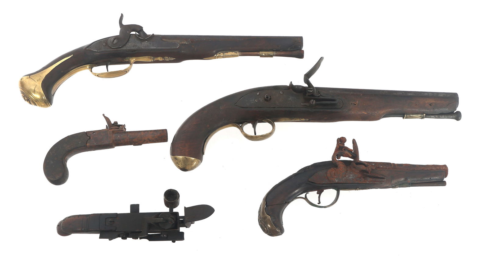 FLINTLOCK & PERCUSSION PISTOLS FOR PARTS OR REPAIR: FLINTLOCK & PERCUSSION PISTOLS FOR PARTS OR REPAIR Flintlock and percussion pistols for parts or repair. Two flintlock pistols. One percussion pistol. One boxlock pistol. One boxlock lighter.
