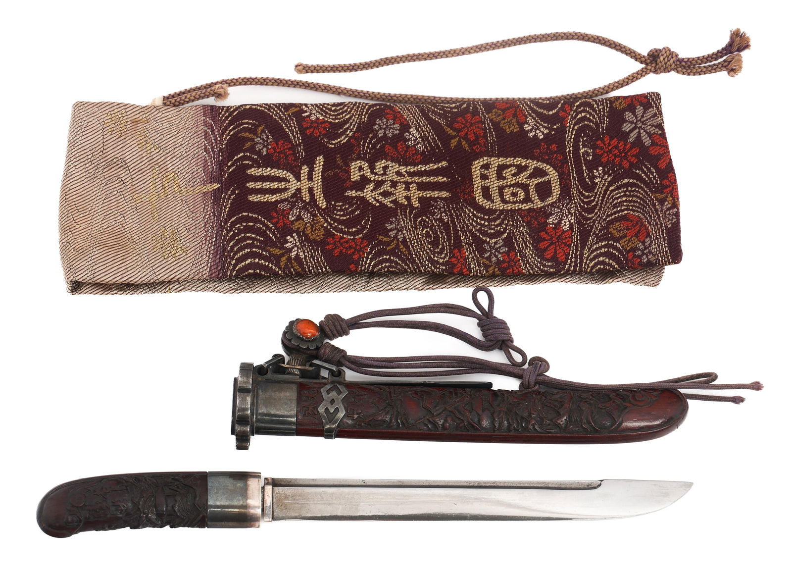 KOREAN EUNJANGDO DAGGER WITH SCABBARD: KOREAN EUNJANGDO DAGGER WITH SCABBARD Korean Eunjangdo Dagger. Single edged, bright blade with fuller. Alloy and carved wood handle. Carved wood scabbard with alloy throat and cloth cord hanger. Silk