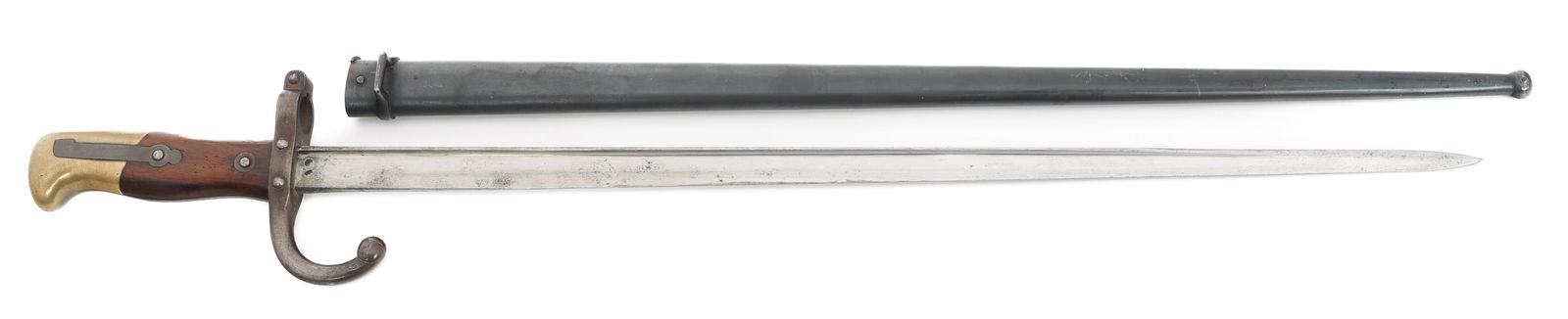 FRENCH M1874 GRAS BAYONET & SCABBARD: FRENCH M1874 GRAS BAYONET & SCABBARD French M1874 Gras Bayonet. Bright, straight, T-back blade. Maker marked on the spine St. Etienne Avril 1879. Steel crossguard with quillon stamped serial number P