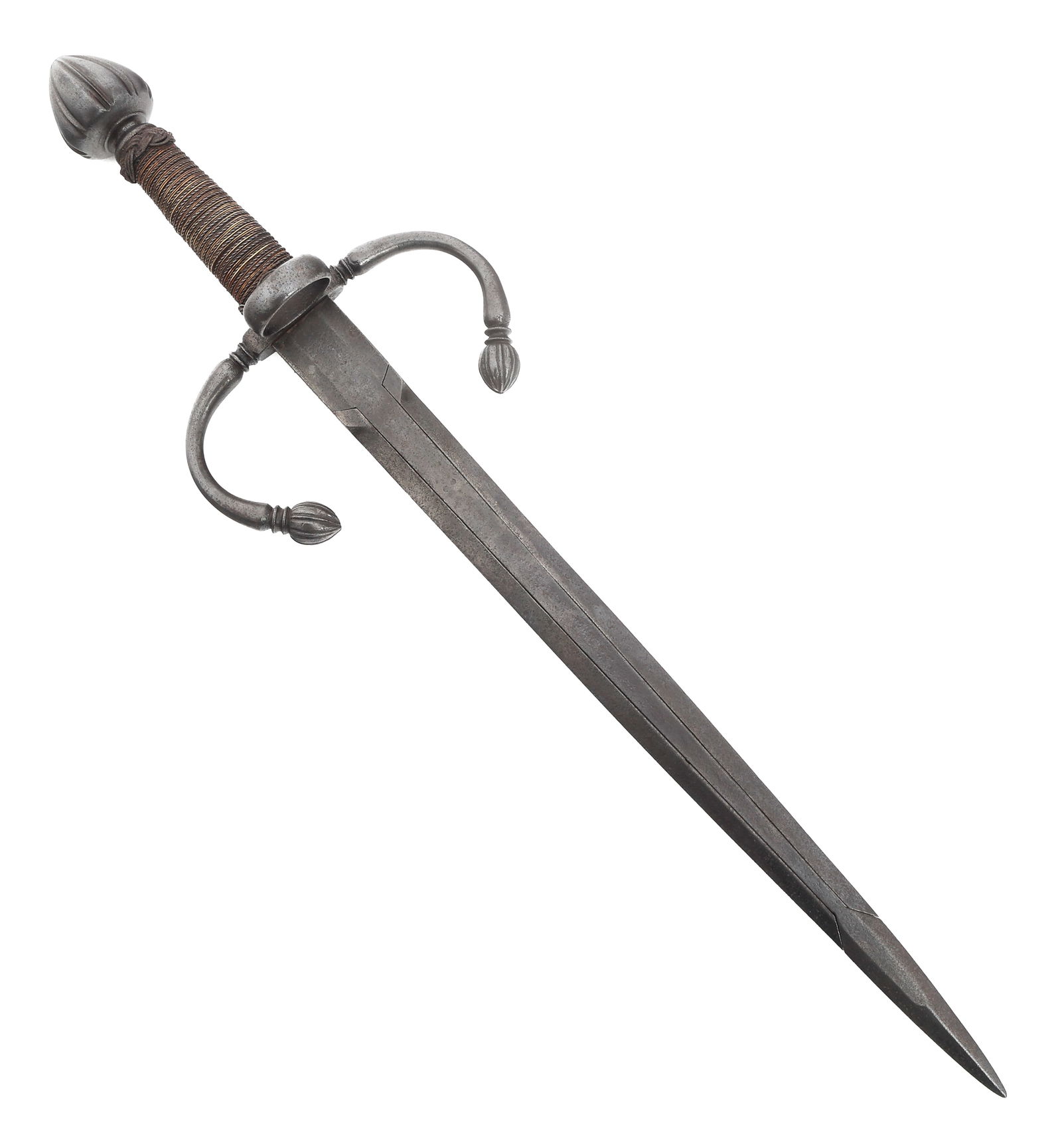UK VICTORIAN ERA TRIDENT PARRYING DAGGER: UK VICTORIAN ERA TRIDENT PARRYING DAGGER UK Victorian Era Trident Parrying Dagger. Double edged, triple blade. Blued steel hilt with wire wrapped handle. Functional lock / release mechanism. Blade