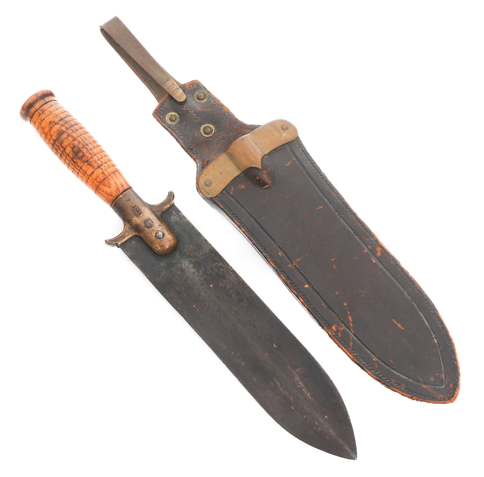 US SPRINGFIELD MODEL 1880 HUNTING KNIFE: US SPRINGFIELD MODEL 1880 HUNTING KNIFE U.S. Springfield Model 1880 Hunting Knife. Double edged, wide steel blade with medial ridge. Brass guard stamped U.S. Springfield on one side and serial numbere