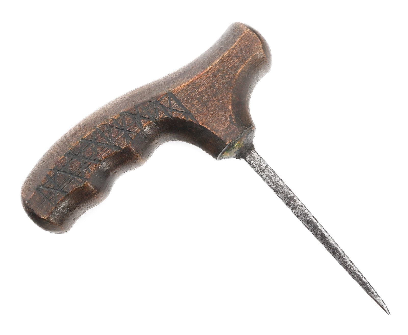 WWI WOODEN HANDLE PUSH DAGGER: WWI WOODEN HANDLE PUSH DAGGER Push Dagger. Quad edged blade stamped 1915. Fingered wooden handle stamped 15. Blade Length: 4" Total Length: 6" x 5 1/4" x 1" Note: Shipping & Payment Shipping: In-house