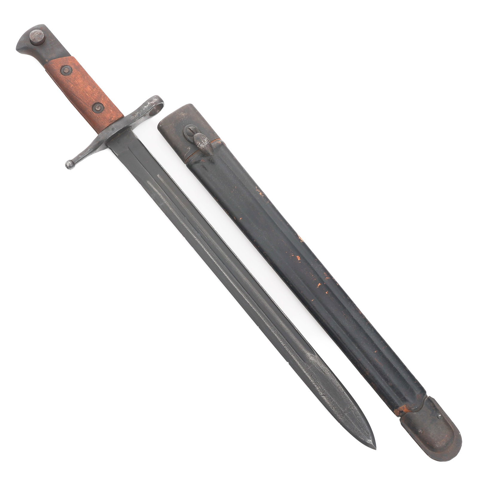 ITALIAN M1891 BAYONET by TERNI WITH ARET SCABBARD: ITALIAN M1891 BAYONET by TERNI WITH ARET SCABBARD Italian M1891 Bayonet. Single edged, straight, blued blade with fuller. Maker marked by Terni on ricasso. Blued steel hilt with serial numbered guard