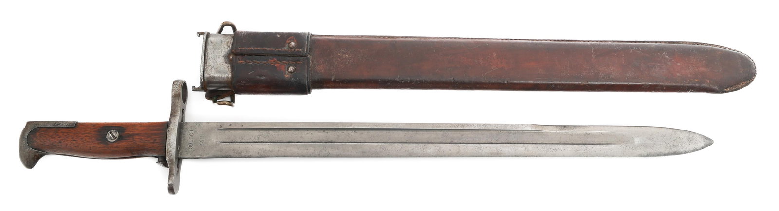 US ARMY M1905 BAYONET by ROCK ISLAND ARSENAL: US ARMY M1905 BAYONET by ROCK ISLAND ARSENAL US Army M1905 Bayonet. Single edged blade with fuller. Maker mark of Rock Island Arsenal and Ordnance Dept. flaming bomb stamped on one side of the ricasso