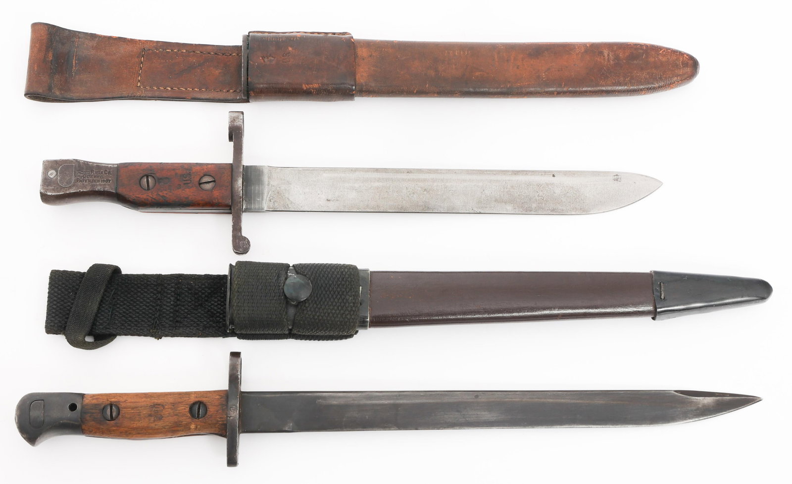 WWI - WWII US P1908 ROSS & INDIAN NO. 1 BAYONETS: WWI - WWII US P1908 ROSS & INDIAN NO. 1 BAYONETS WWI - WWII US P1908 Ross & Indian No. 1 Mk.II Bayonets. (1) US P1908 Ross Bayonet. Single edged, bright blade. Steel hilt and wood grips stamped US and