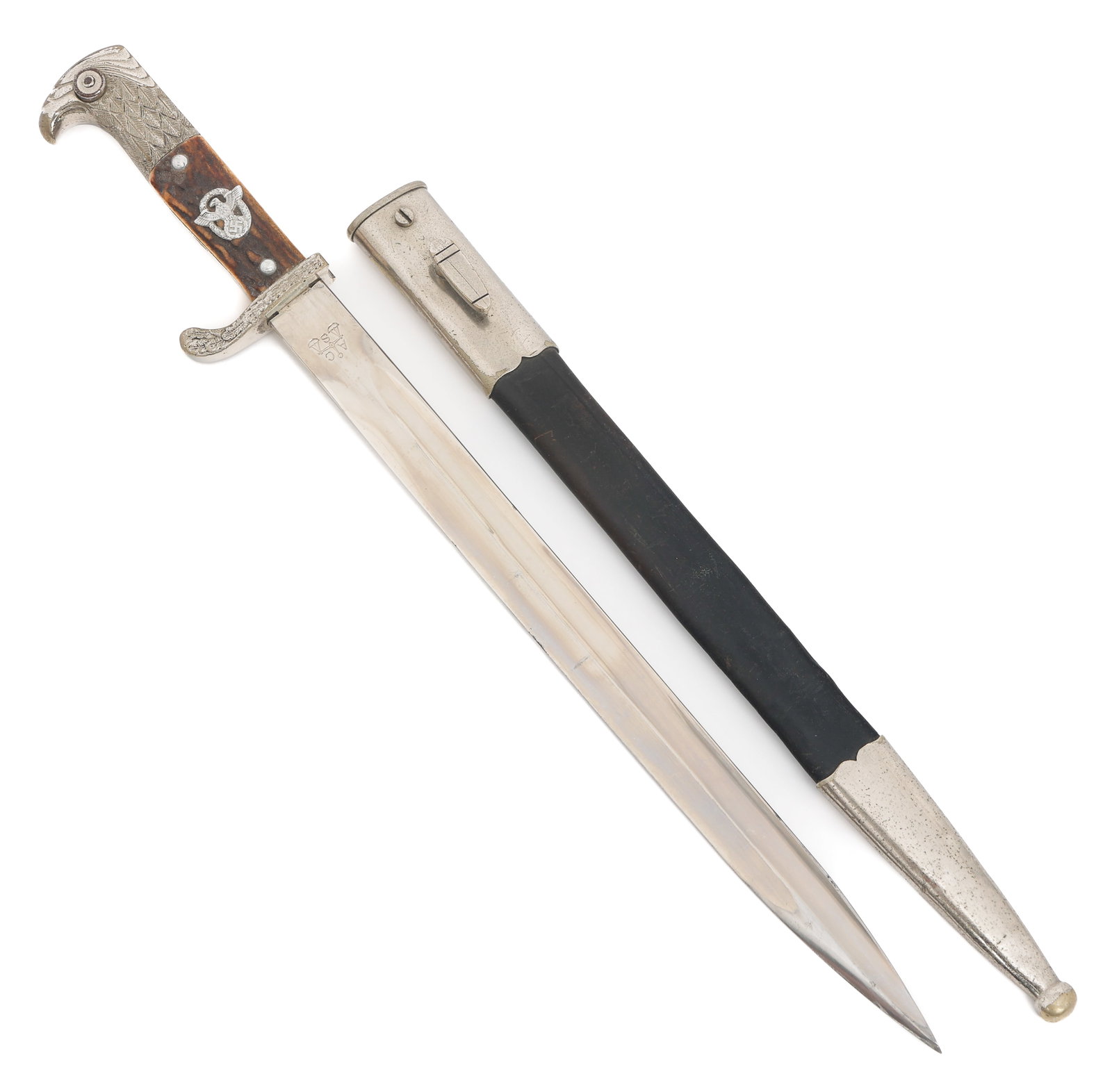 WWII GERMAN POLICE DRESS BAYONET by COPPEL: WWII GERMAN POLICE DRESS BAYONET by COPPEL WWII German Police Dress Bayonet. Single edged, bright blade with fuller. Maker marked by Alexander Coppel on the ricasso. Decorated, nickel-silver hilt with