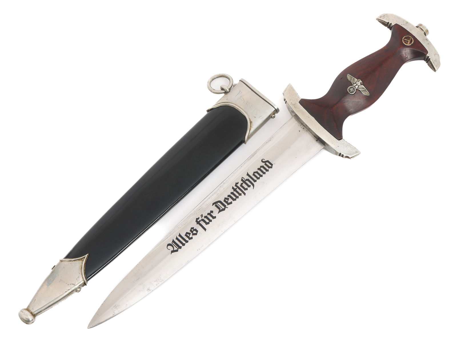 WWII GERMAN NSKK DRESS DAGGER by GEBRUDER HELLER: WWII GERMAN NSKK DRESS DAGGER by GEBRUDER HELLER WWII German NSKK Dress Dagger. Double edged blade with acid etched motto "Alles Fur Deutschland" in dark grey background. Maker marked by Gebruder Hell