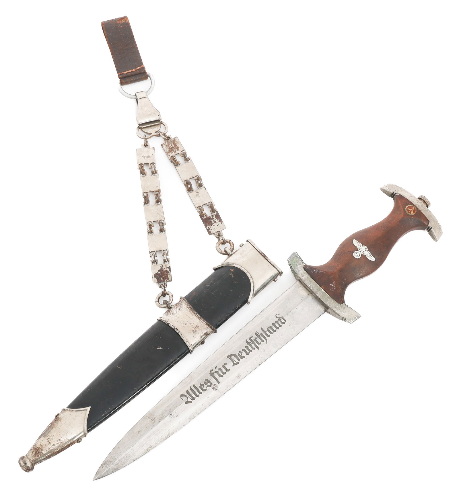 WWII GERMAN NSKK DRESS DAGGER by RZM M7/19: WWII GERMAN NSKK DRESS DAGGER by RZM M7/19 WWII German NSKK Dress Dagger. Double edged, bright blade with acid etched motto Alles Fur Deutschland on light grey background. Visible crossgrain. Maker ma