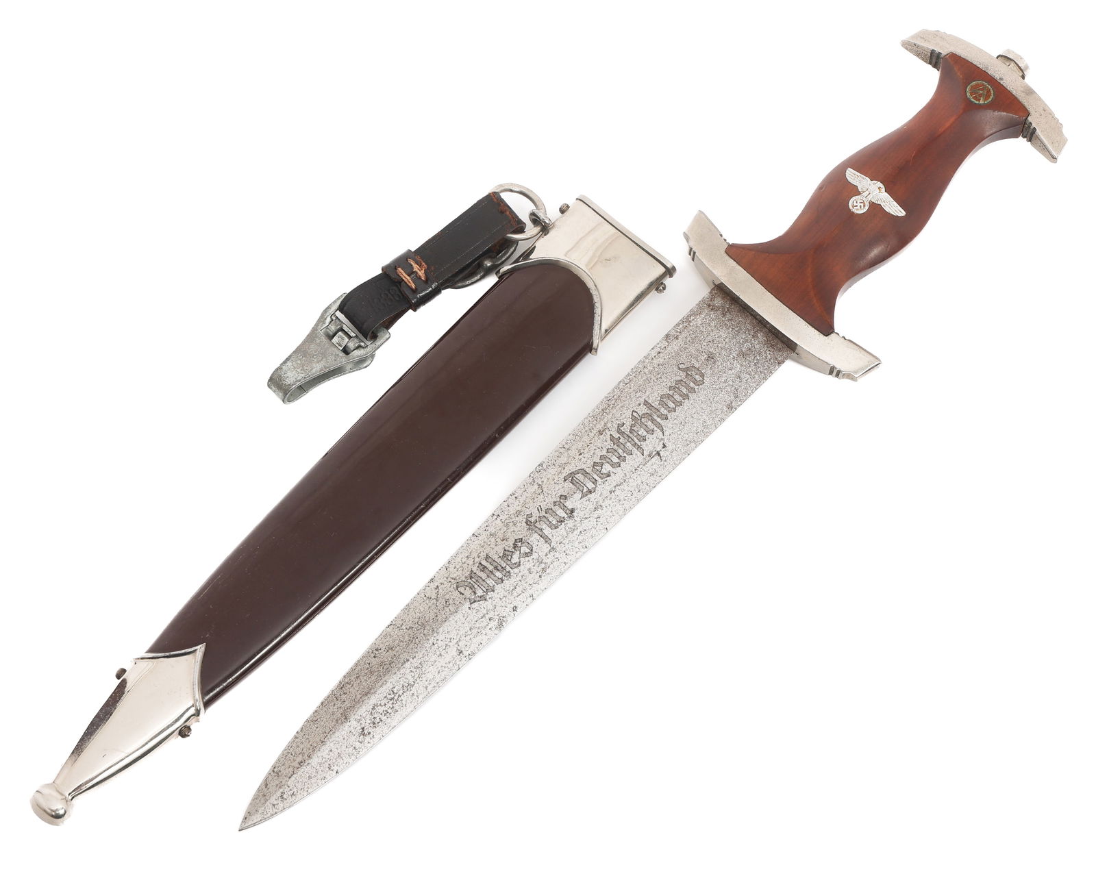 WWII GERMAN SA DRESS DAGGER RZM M7/85: WWII GERMAN SA DRESS DAGGER RZM M7/85 WWII German SA Dress Dagger. Double edged, bright blade with acid etched motto Alles fur Deutschland on light grey background. Visible crossgrain. RZM M7/85 marke