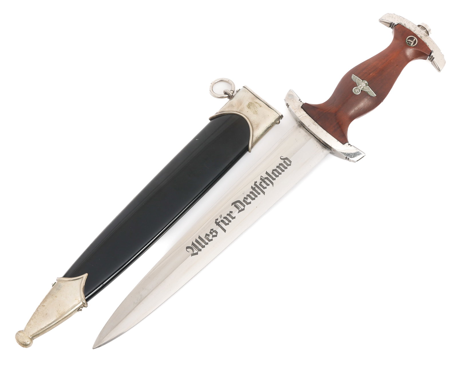 WWII GERMAN NSKK DRESS DAGGER by M7/9: WWII GERMAN NSKK DRESS DAGGER by M7/9 WWII German NSKK Dress Dagger. Double edged blade with acid etched motto "Alles Fur Deutschland" in dark grey background. Highly visible crossgrain. RZM M7/9 mark