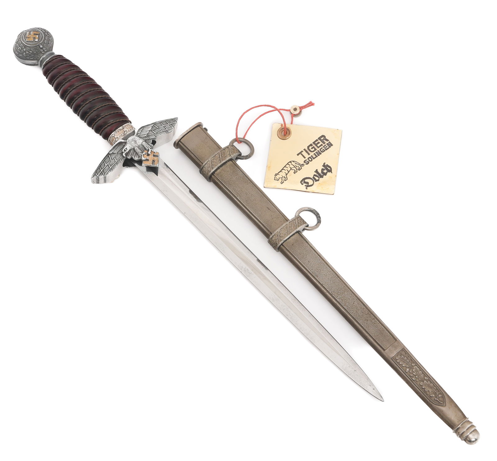 WWII GERMAN LUFTWAFFE 2nd MODEL DAGGER by TIGER: WWII GERMAN LUFTWAFFE 2nd MODEL DAGGER by TIGER WWII German Luftwaffe 2nd Model Dagger. Double edged, bright blade. Maker marked by Tiger on the ricasso. Leather buffer pad. Nickel-silver hilt with st