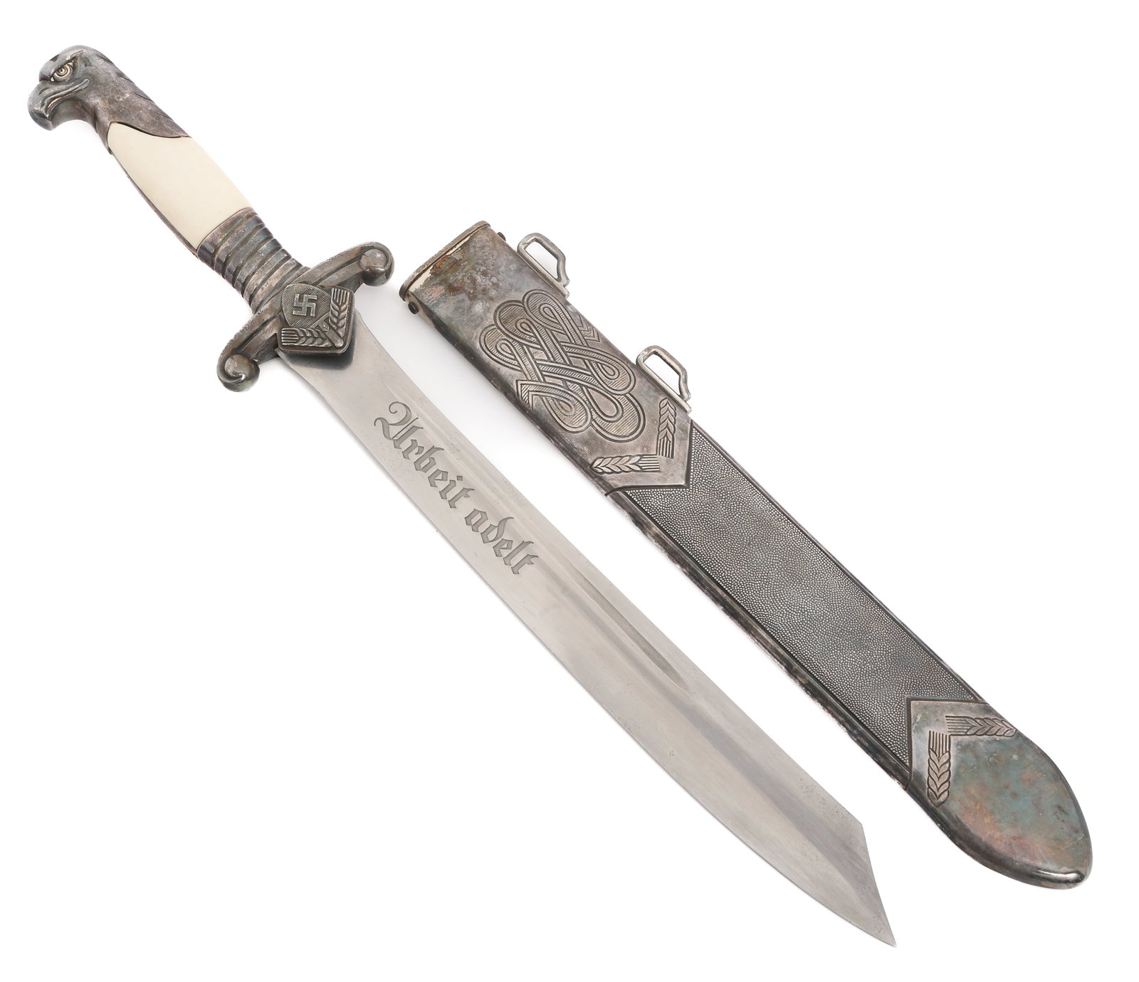 WWII GERMAN RAD OFFICER DRESS DAGGER: WWII GERMAN RAD OFFICER DRESS DAGGER WWII German RAD Officer Dress Dagger. Single edged, bright blade with fuller. Acid etched motto Arbeit adelt on one side. No visible marks. Alloy based hilt with R
