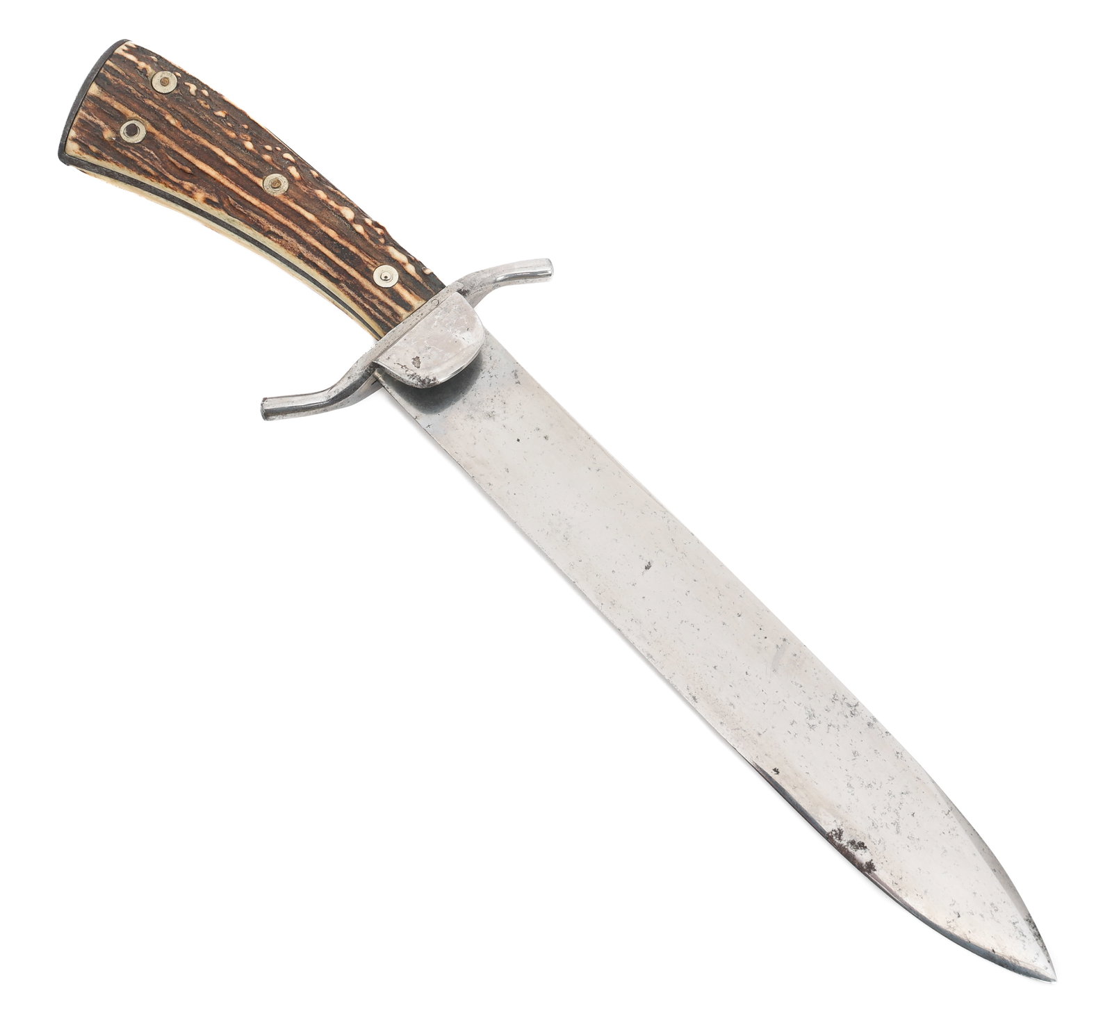 PRE WWII GERMAN HUNTING KNIFE by EICKHORN: PRE WWII GERMAN HUNTING KNIFE by EICKHORN Pre WWII German Hunting Knife. Single edged, bright blade. Maker marked by Eickhorn near the ricasso. Full tang with steel guard and stag horn grips. No scabb