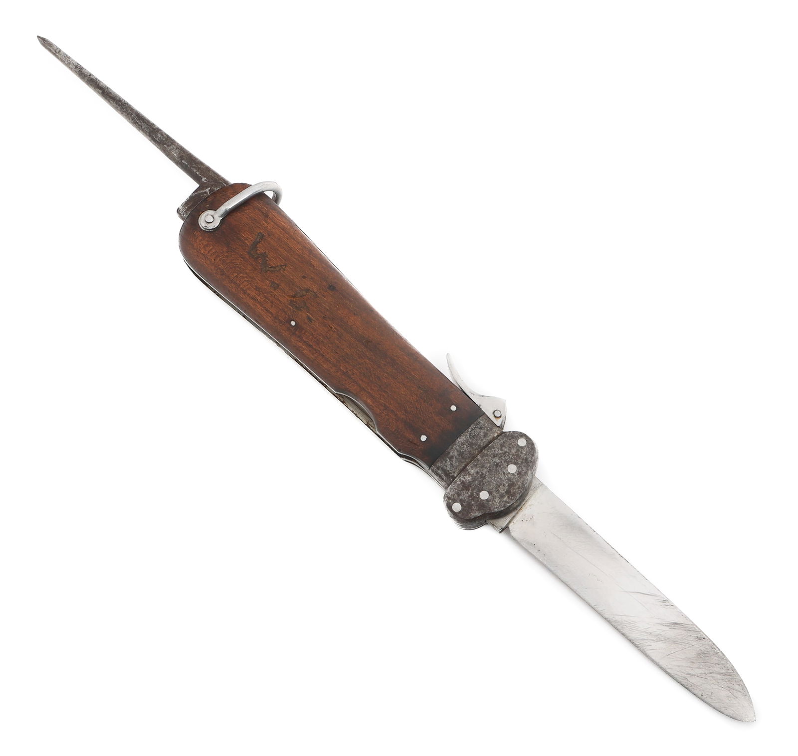WWII GERMAN PARATROOPER GRAVITY KNIFE By SMF: WWII GERMAN PARATROOPER GRAVITY KNIFE By SMF WWII German Paratrooper Gravity Knife. Single edged, straight bright blade. Maker marked by SMF Solingen and Rostfrei on ricasso. Steel guard. Wooden grips